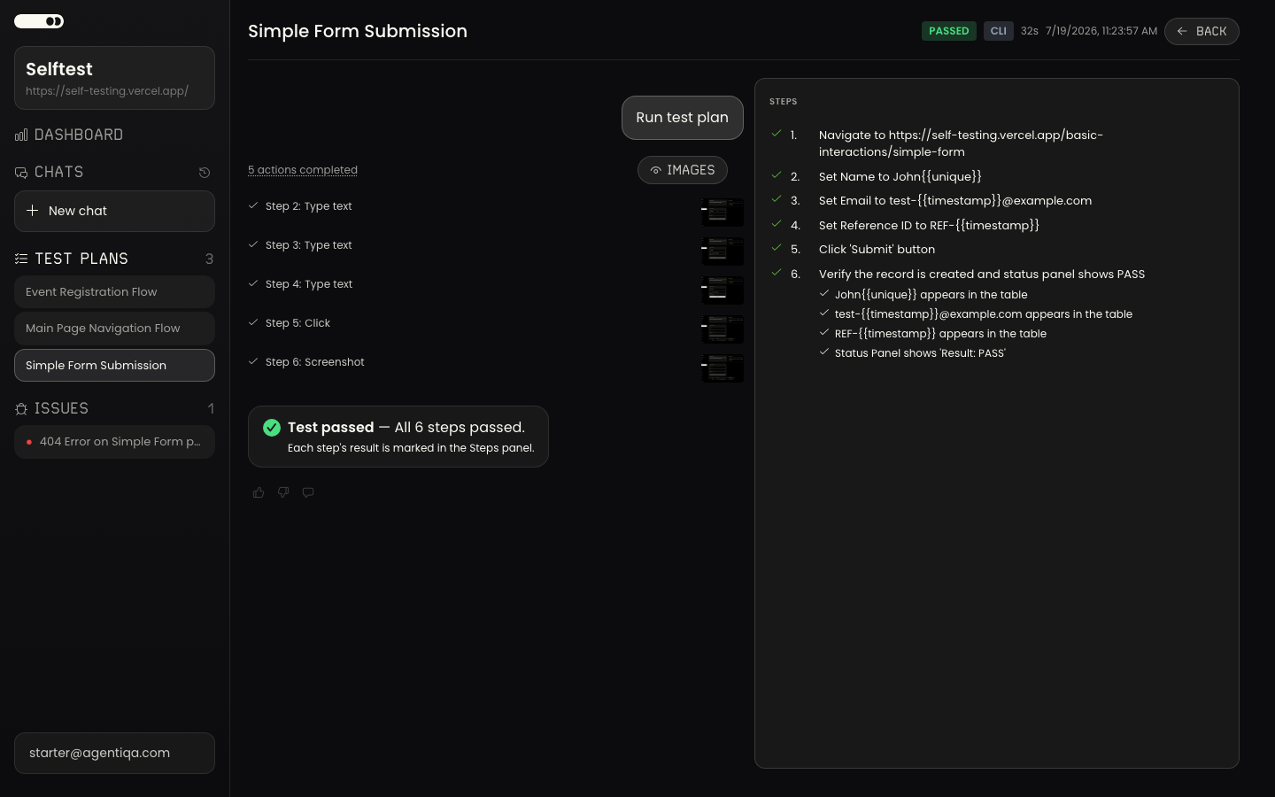 A completed Agentiqa test run with per-step results