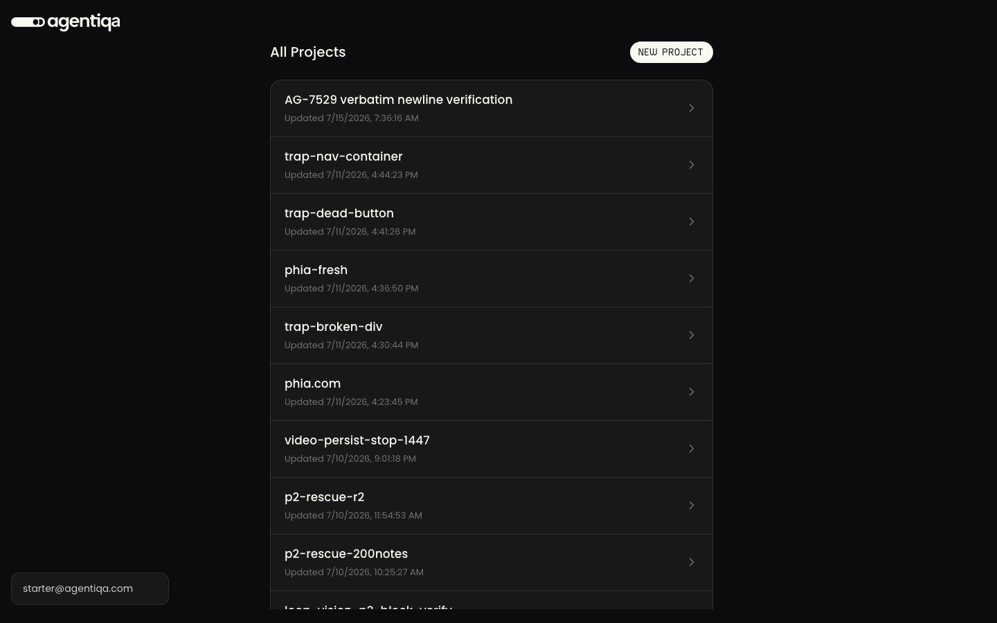 The Agentiqa web app dashboard after signing in